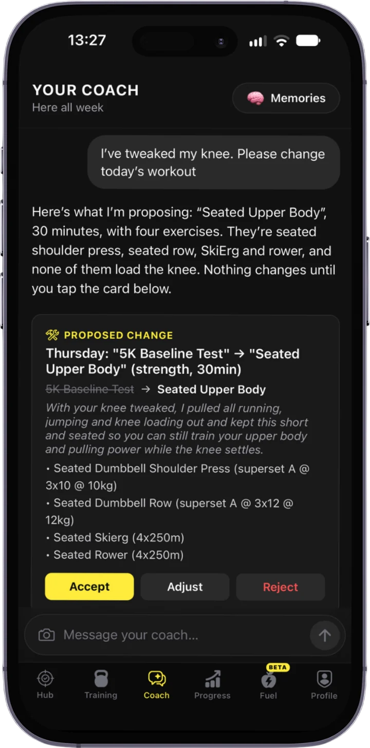 The RoxHype AI coach proposing a change to this week's workout, with Accept and Adjust