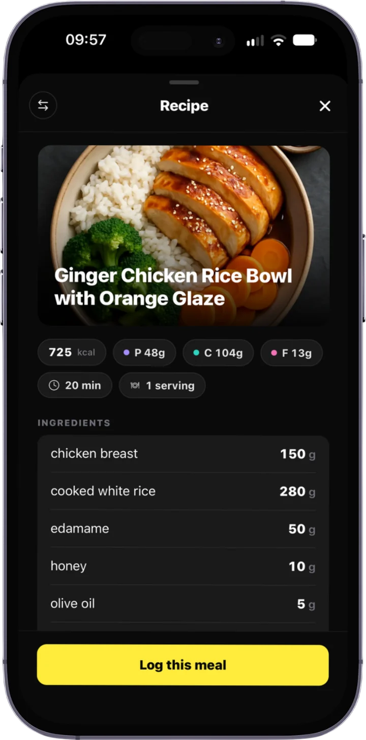 A recipe in RoxHype Fuel with its ingredients and a button to log it