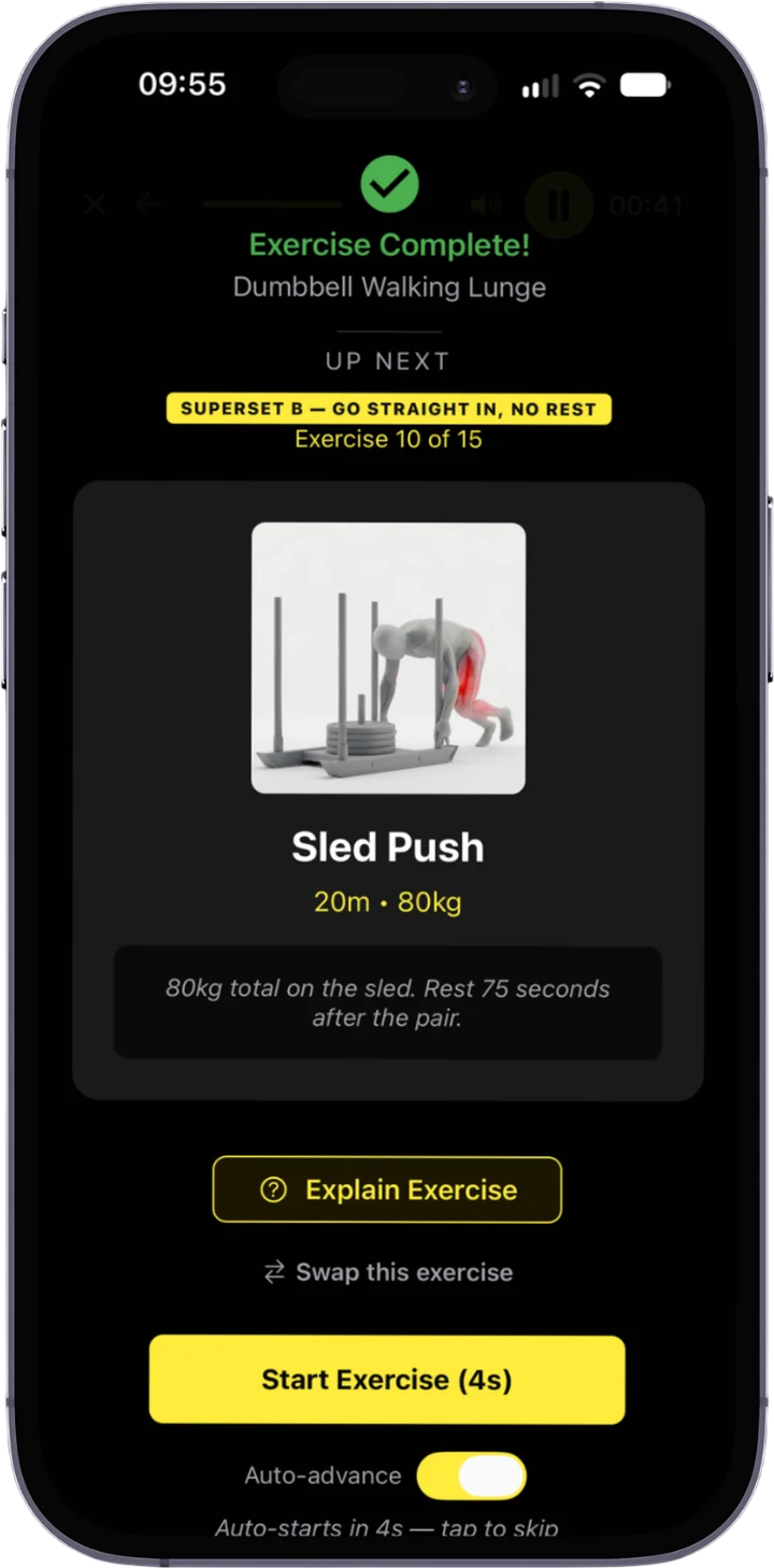 RoxHype workout player guiding a sled push, with the next exercise lined up